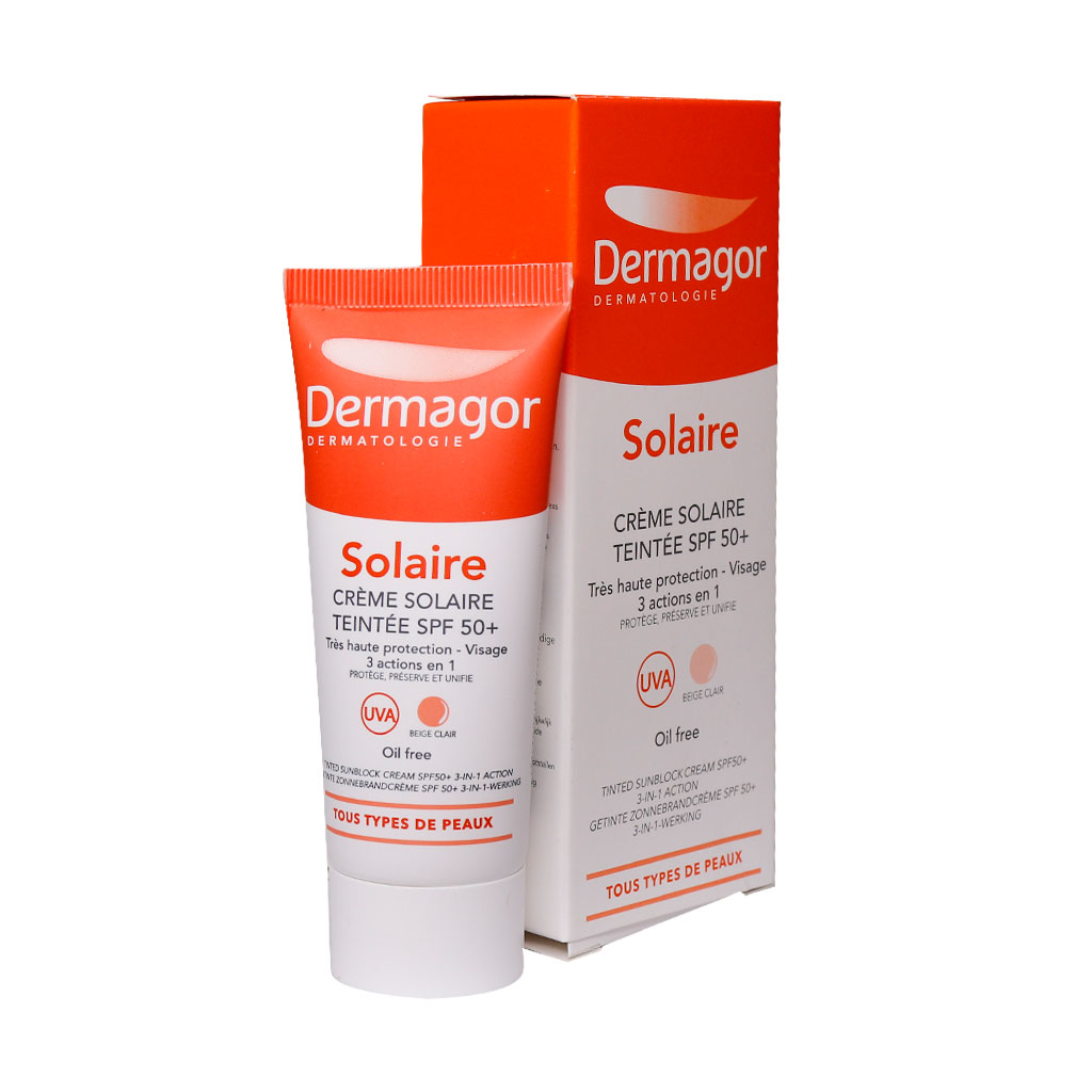 ضد آفتاب رنگی فاقد چربی 3 در 1 +SPF50 درماگور Tinted Sunblock Cream SPF50+ 3x1 Action Oil Free DERMAGOR